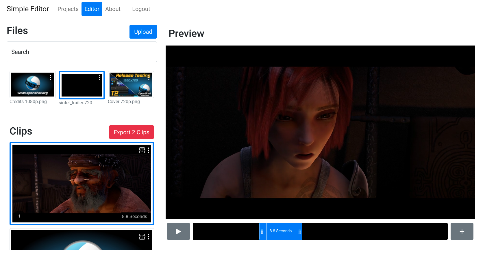 Upload files, preview videos, and create clips